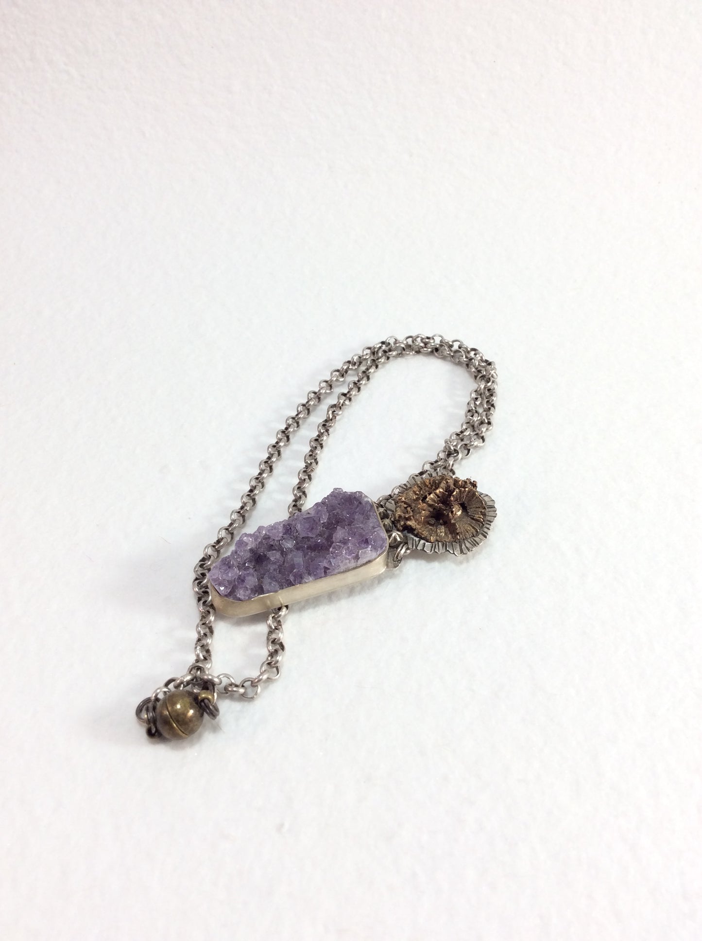 Sterling, Amethyst and Cast Bronze Sycamore Pod Pendant